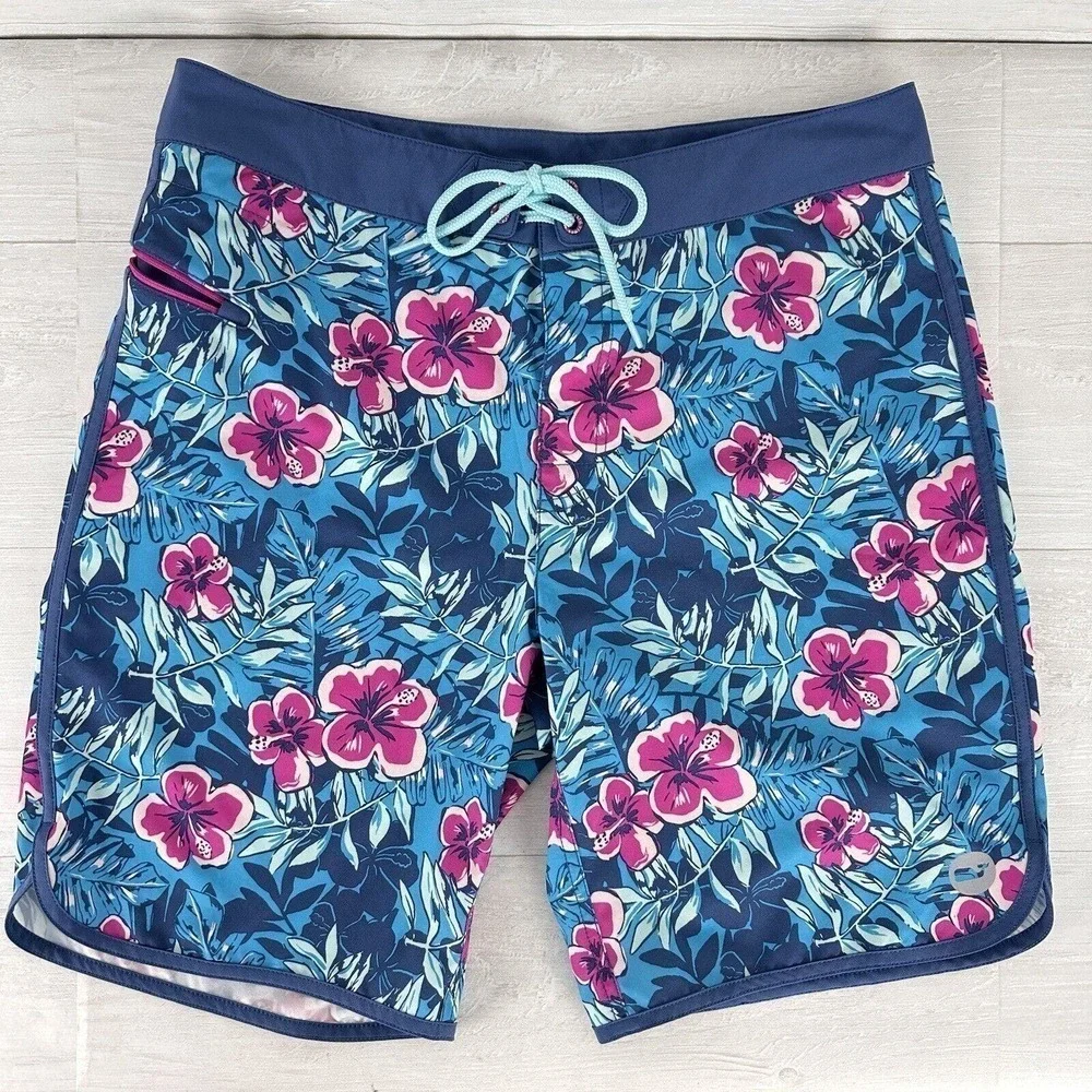 Vineyard Vines Men's Ocean Floral Board Shorts Size 32 Blue Pink Tie Waist Beach